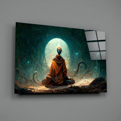 Orange Robed Monk Under Teal Moon Glass Wall Art