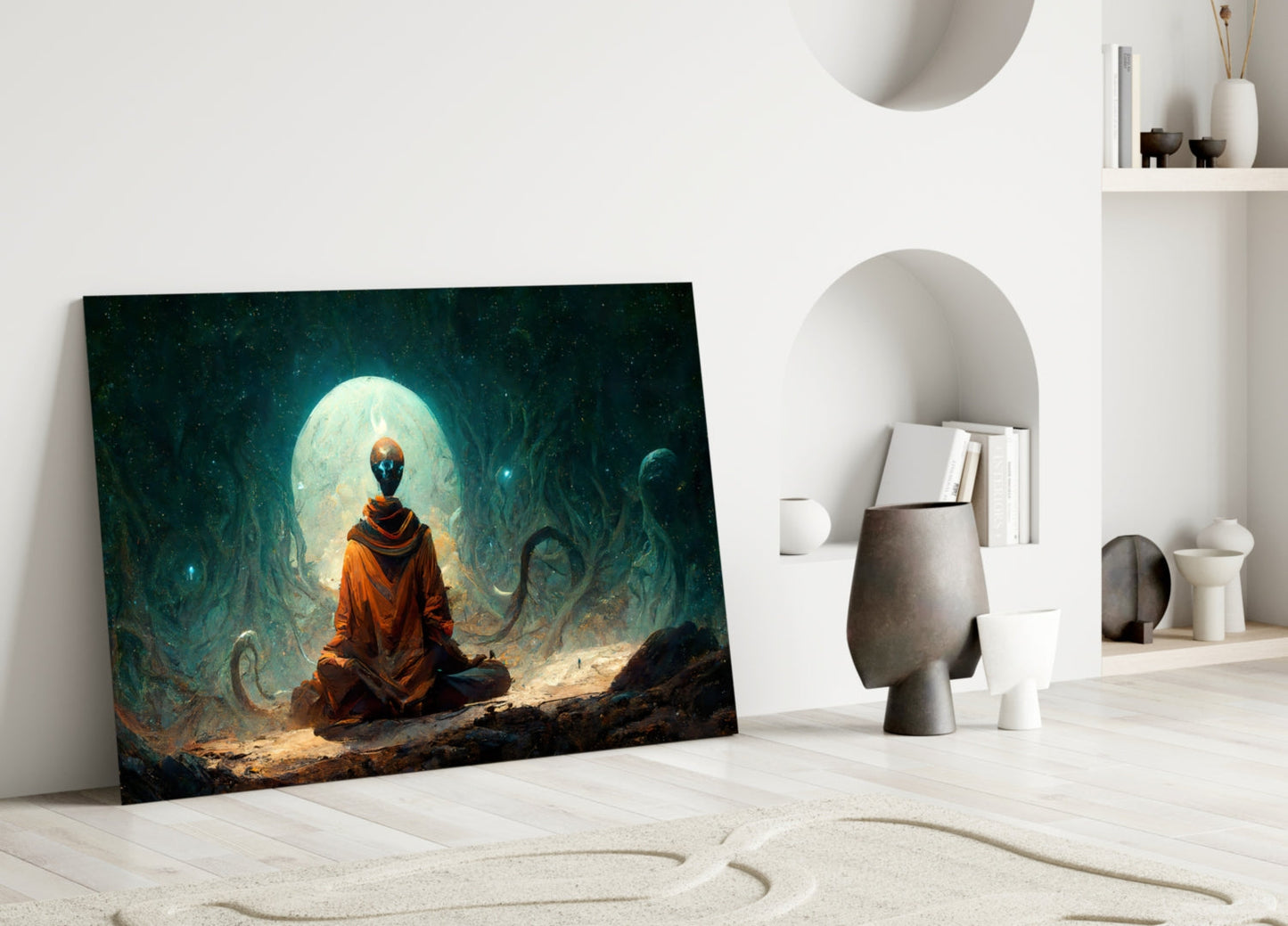 Orange Robed Monk Under Teal Moon Glass Wall Art