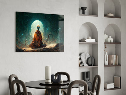Orange Robed Monk Under Teal Moon Glass Wall Art