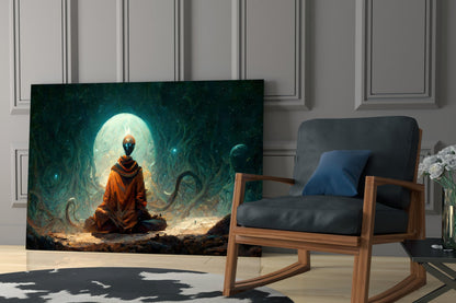 Orange Robed Monk Under Teal Moon Glass Wall Art