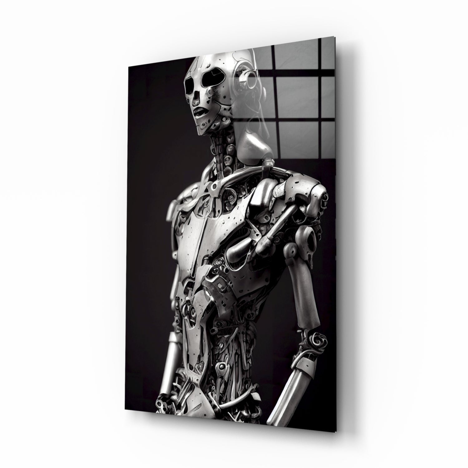 Monochromatic glass art panel displaying a metallic humanoid robot figure in profile against a dark background with gridded window reflections.