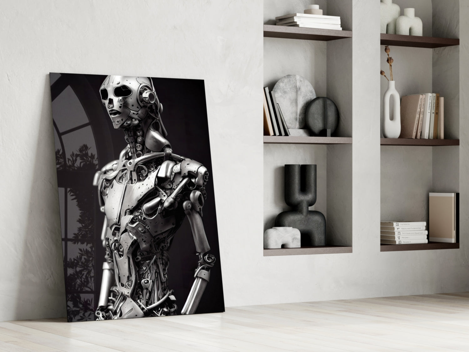 Monochromatic digital artwork of a mechanical humanoid figure displayed against a white wall beside built-in shelving with decorative objects and books.