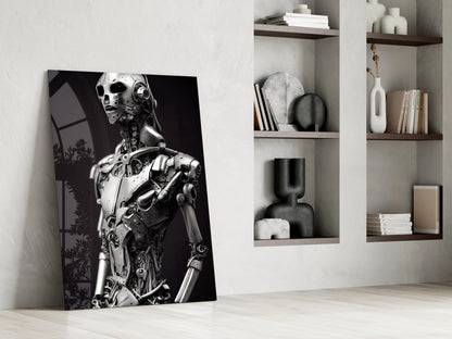 Monochromatic digital artwork of a mechanical humanoid figure displayed against a white wall beside built-in shelving with decorative objects and books.