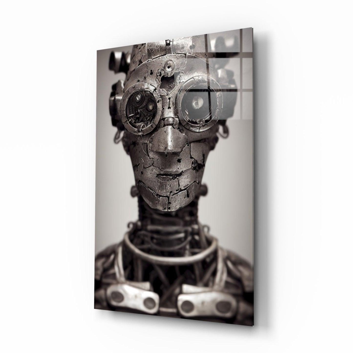Steampunk mechanical head with brass gears for eyes on dark fabric torso, displayed as angled glass wall art.