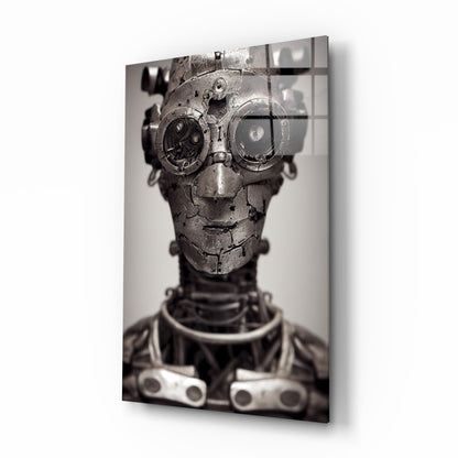 Steampunk mechanical head with brass gears for eyes on dark fabric torso, displayed as angled glass wall art.