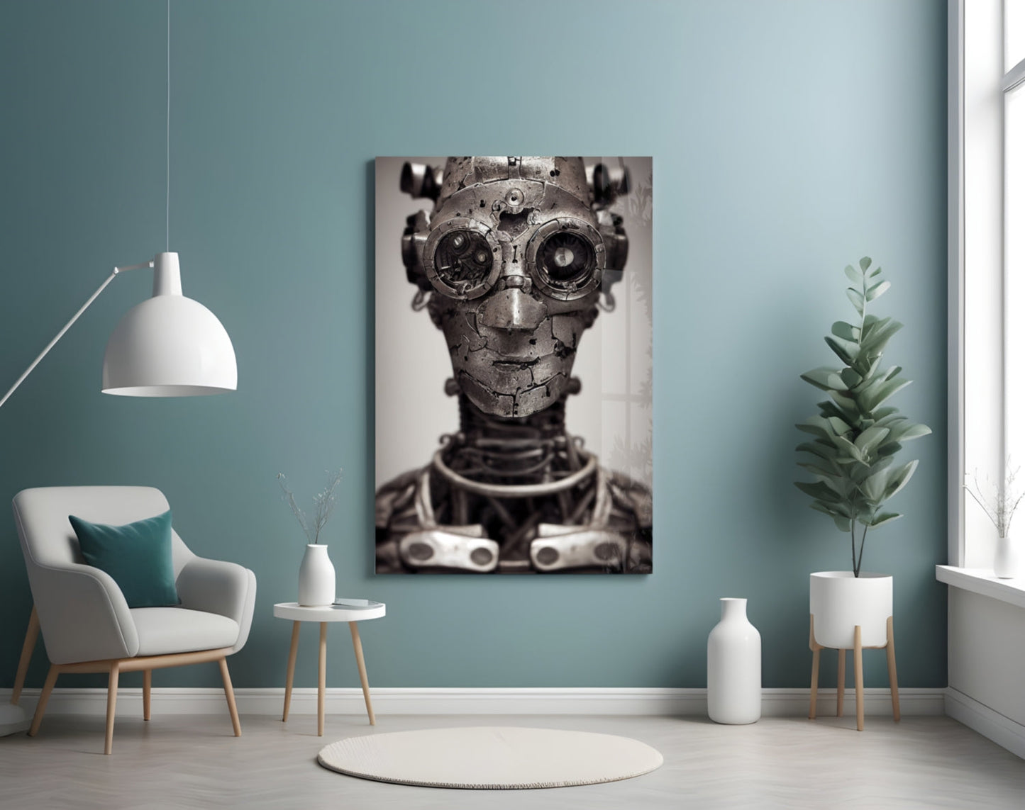 Steampunk mechanical skull with gear eyes displayed on teal wall above white chair in modern interior setting.