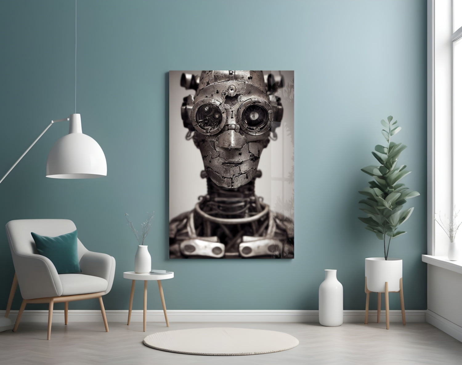 Steampunk mechanical skull with gear eyes displayed on teal wall above white chair in modern interior setting.
