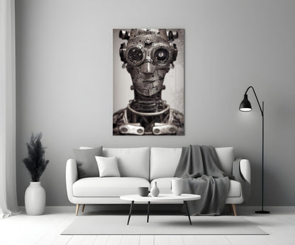 Monochromatic glass wall art depicting a mechanical humanoid head with gear eyes and metal plating, displayed above a white sofa in a minimalist interior.