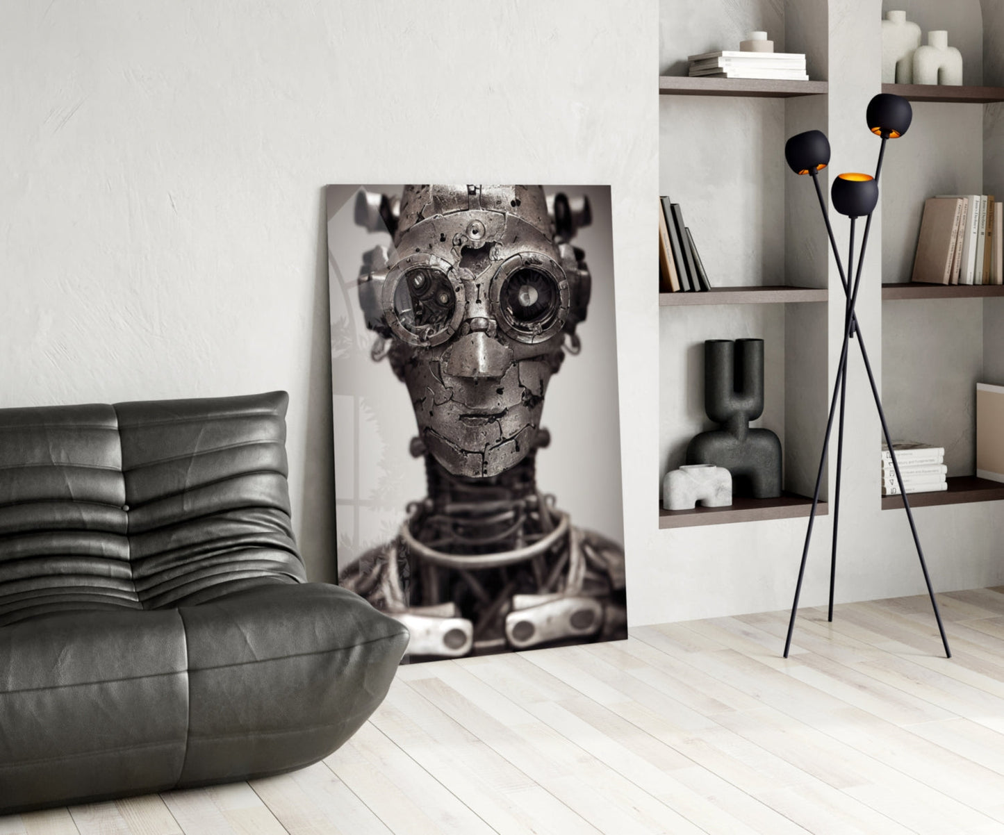 Black and white mechanical skull artwork displayed on floor against wall in modern living room with leather chair and shelving.
