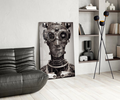Black and white mechanical skull artwork displayed on floor against wall in modern living room with leather chair and shelving.