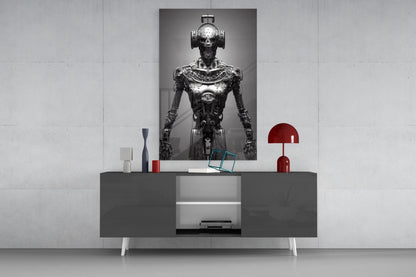 Turquoise glass cube sculpture displayed on gray console table beneath metallic robot portrait and red lamp.