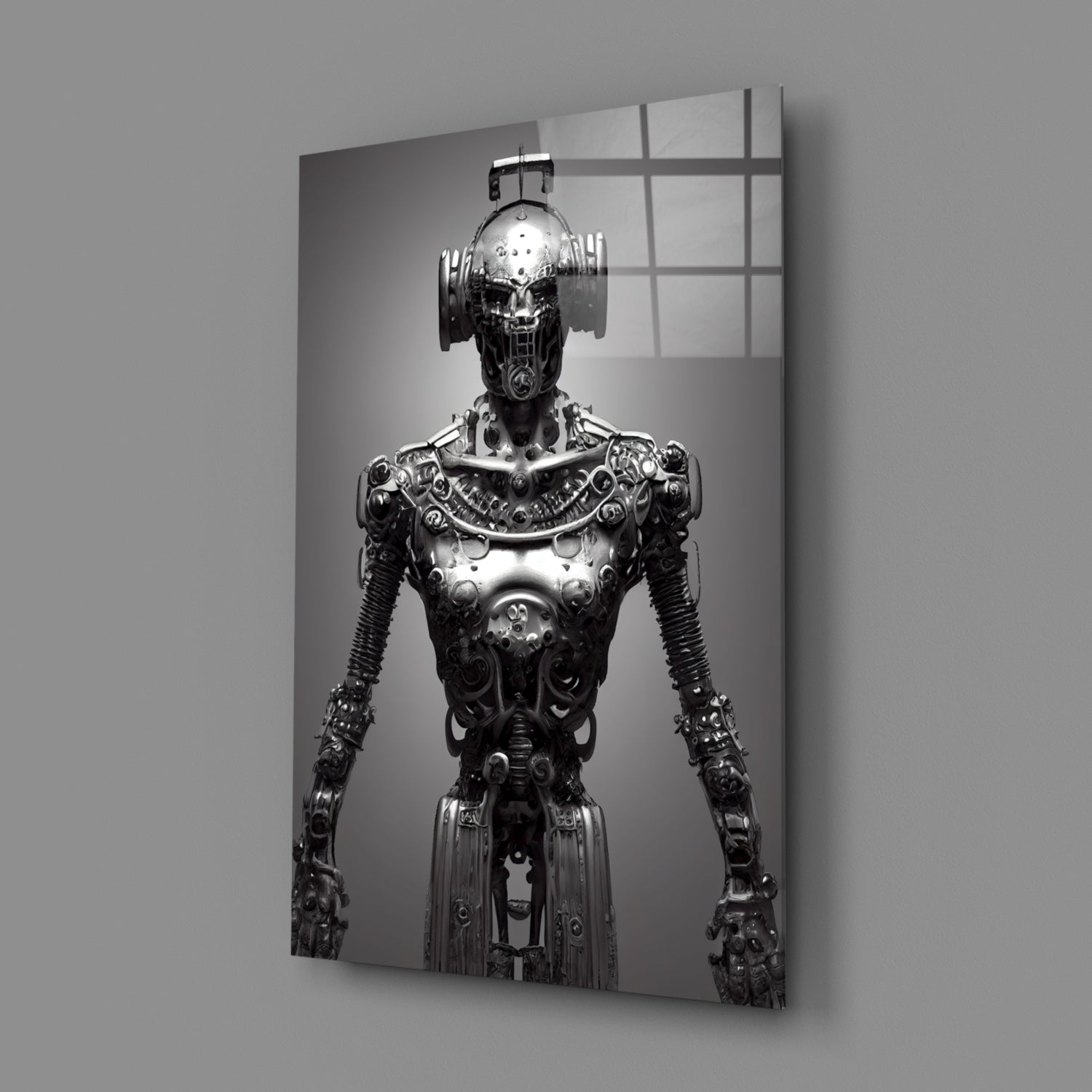 Black and white glass art print of an ornate metallic humanoid robot figure standing against a plain background with grid-patterned window reflections.