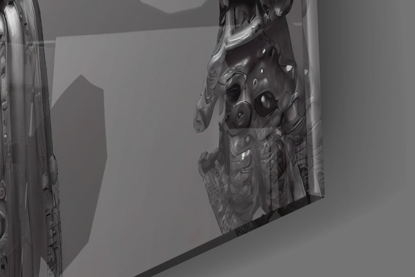 Close-up detail of etched glass art piece showing intricate sculptural face profile with mechanical elements, grayscale monochromatic tones.