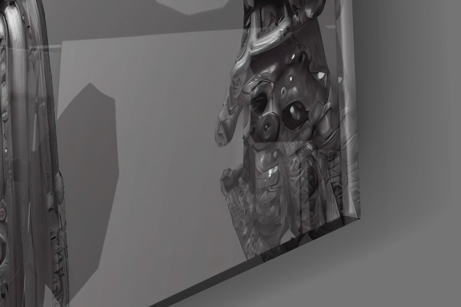Close-up detail of etched glass art piece showing intricate sculptural face profile with mechanical elements, grayscale monochromatic tones.