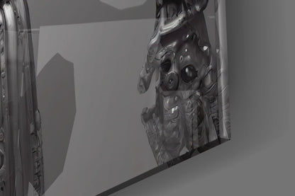 Close-up detail of etched glass art piece showing intricate sculptural face profile with mechanical elements, grayscale monochromatic tones.