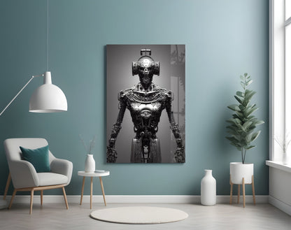 Monochromatic portrait of an ornate robotic humanoid figure with headphones displayed on a teal gallery wall.