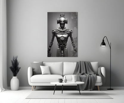 Monochromatic glass art depicting an ornate mechanical humanoid figure displayed above a white sofa in a modern interior.