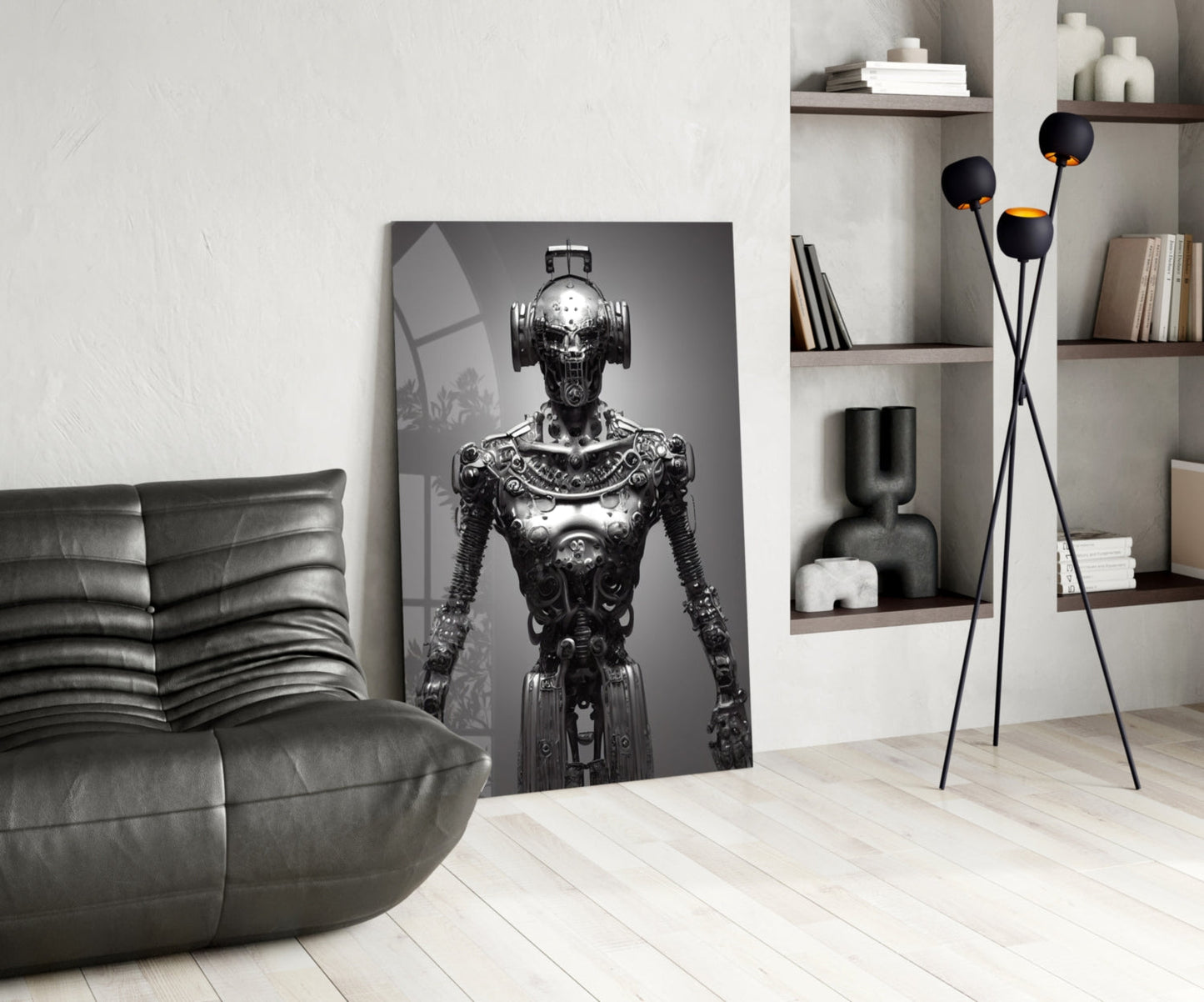 Monochromatic steampunk robot portrait displayed as framed glass art in minimalist modern living room setting.