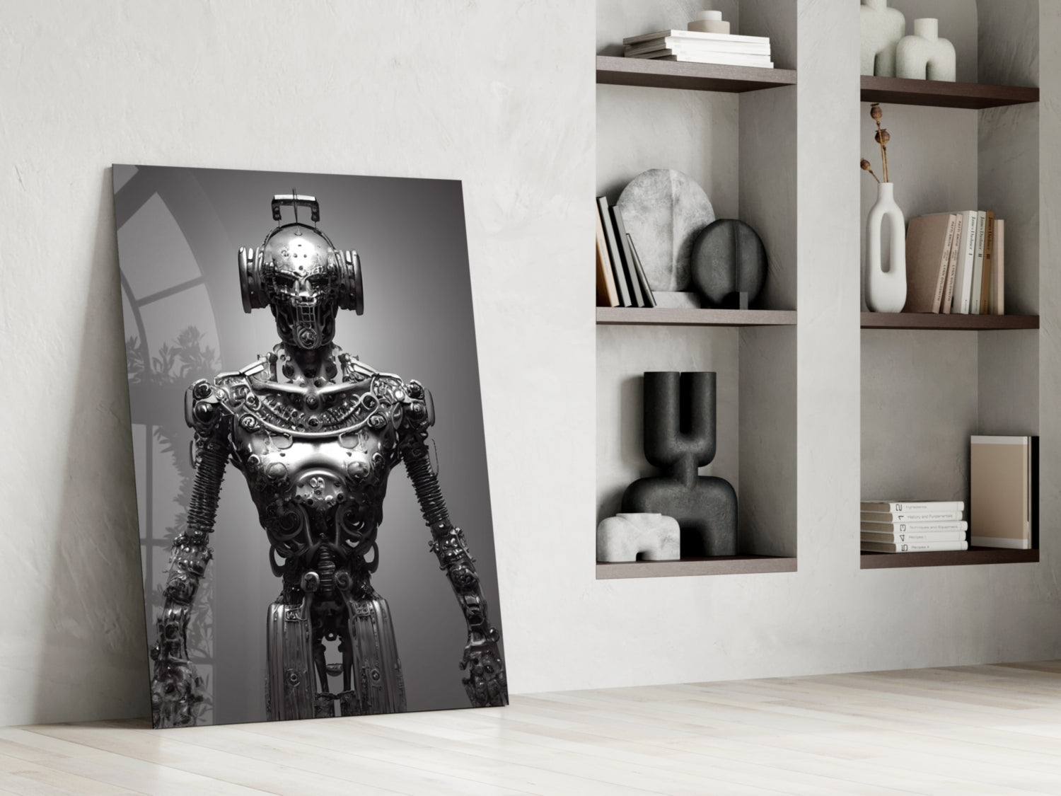 Monochromatic futuristic robot figure canvas leaning against white wall beside styled shelving unit.