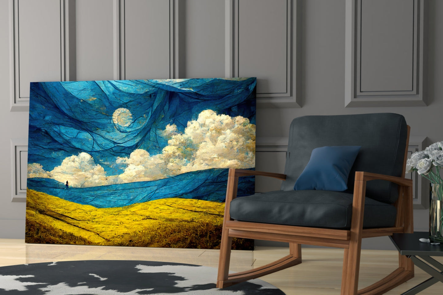Dancing Sky glass art panel displaying swirling blue sky with cream clouds and yellow landscape, positioned in mid-century modern interior with wooden chair.