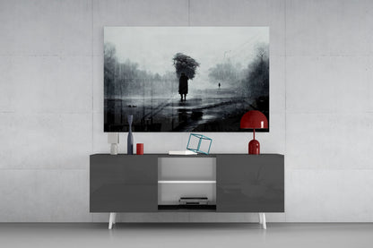 Modern living room setup featuring "Loneliness Glass Art" above gray media console with red accents and decorative items.