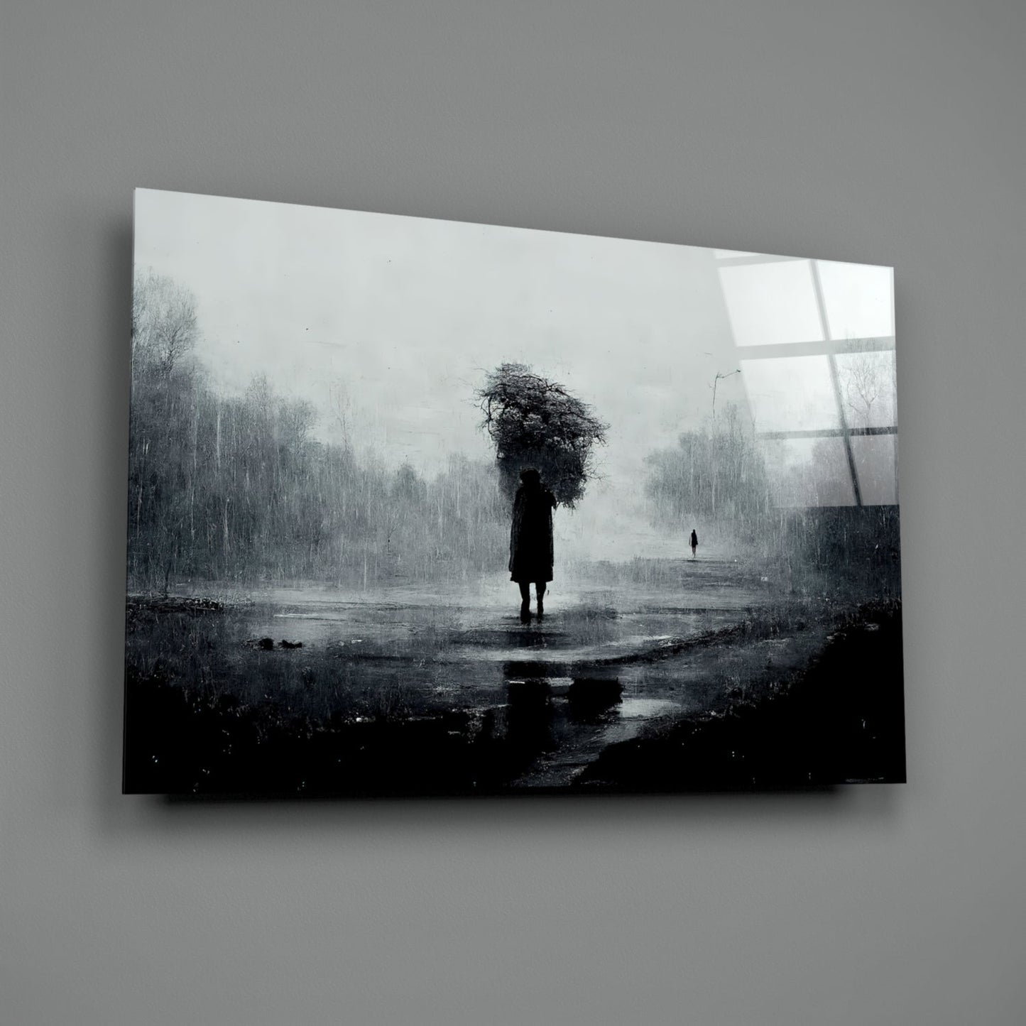 A solitary figure with an umbrella stands in a rain-soaked landscape on translucent glass art mounted against a gray wall.