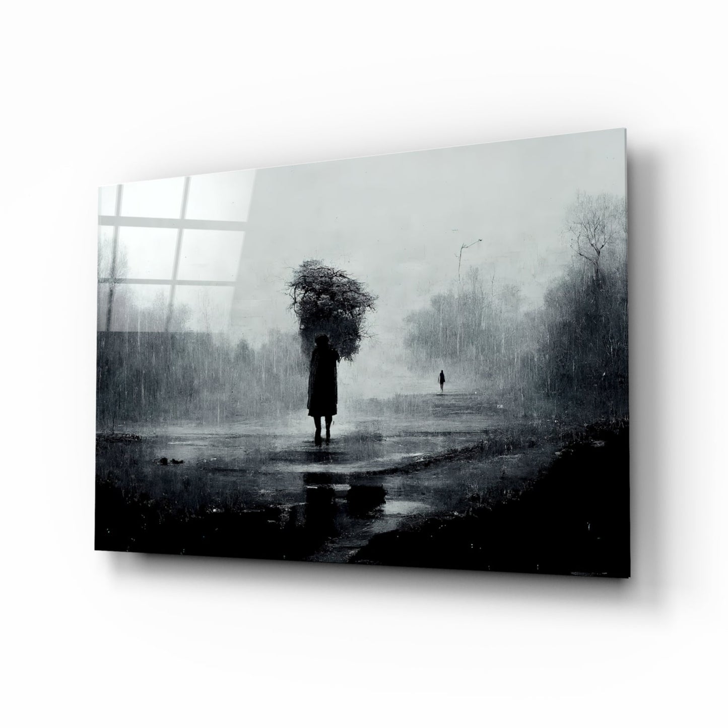 Glass art panel displaying a solitary figure holding an umbrella in a rainy, desolate landscape with bare trees and window pane reflection.