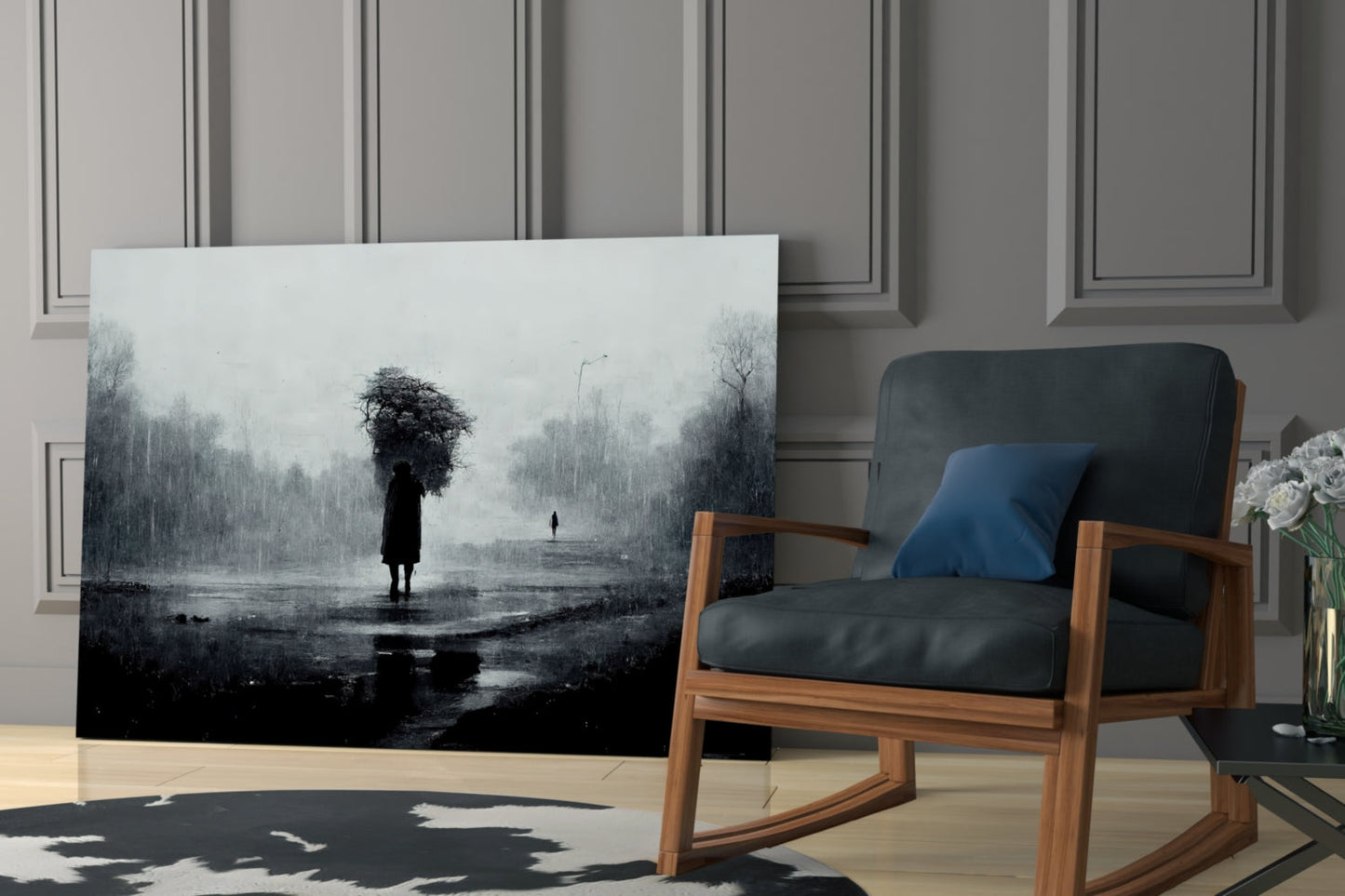 Moody monochromatic glass art depicting a solitary figure with umbrella in rainy landscape, displayed in modern interior with wooden chair.