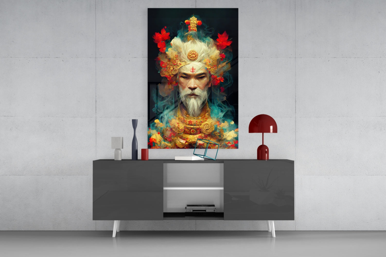 Contemporary interior display featuring "Ruler of the New Age" glass art depicting an ornate bearded figure with golden crown and red flowers above a dark console table.