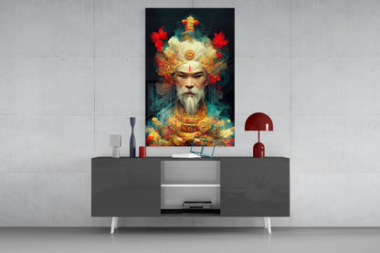 Contemporary interior display featuring "Ruler of the New Age" glass art depicting an ornate bearded figure with golden crown and red flowers above a dark console table.