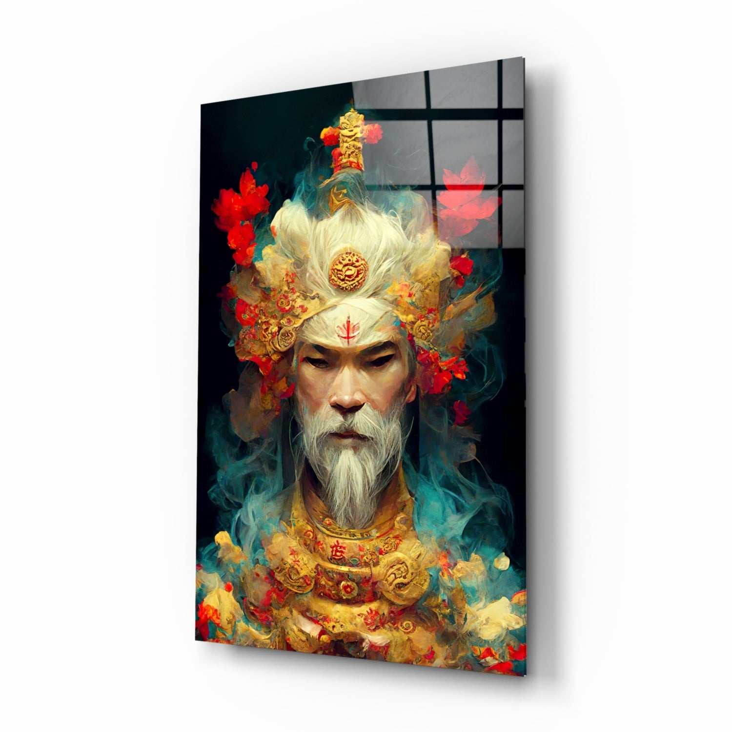 Glass art print displayed at an angle showing an ornate figure with white hair, golden crown, and red flowers against dark background.