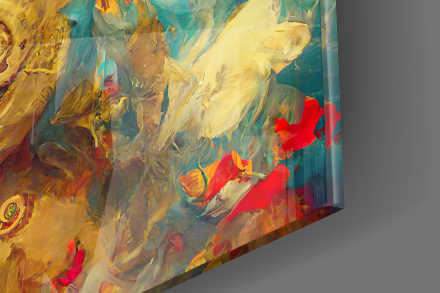 Glass art panel angled to show layered transparent acrylic with yellow, teal, and red painted figures against gray background.