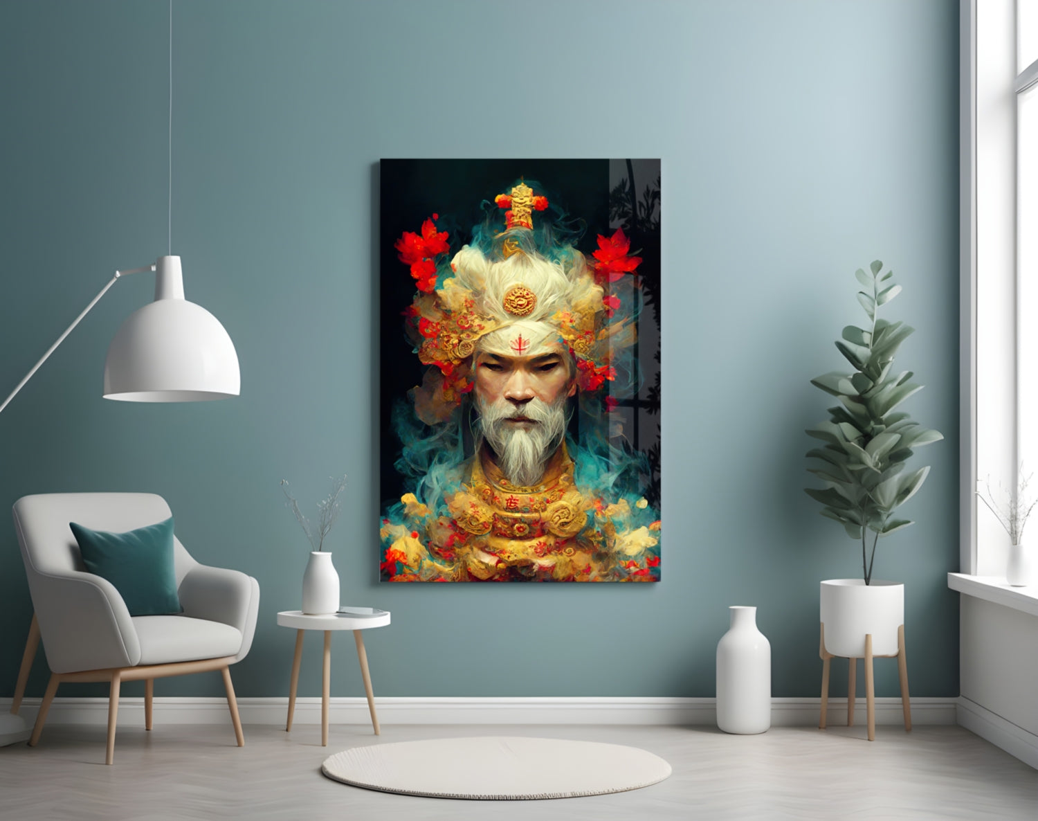 Colorful glass artwork depicting an ornate bearded figure with golden headdress and red flowers displayed on pale blue living room wall.