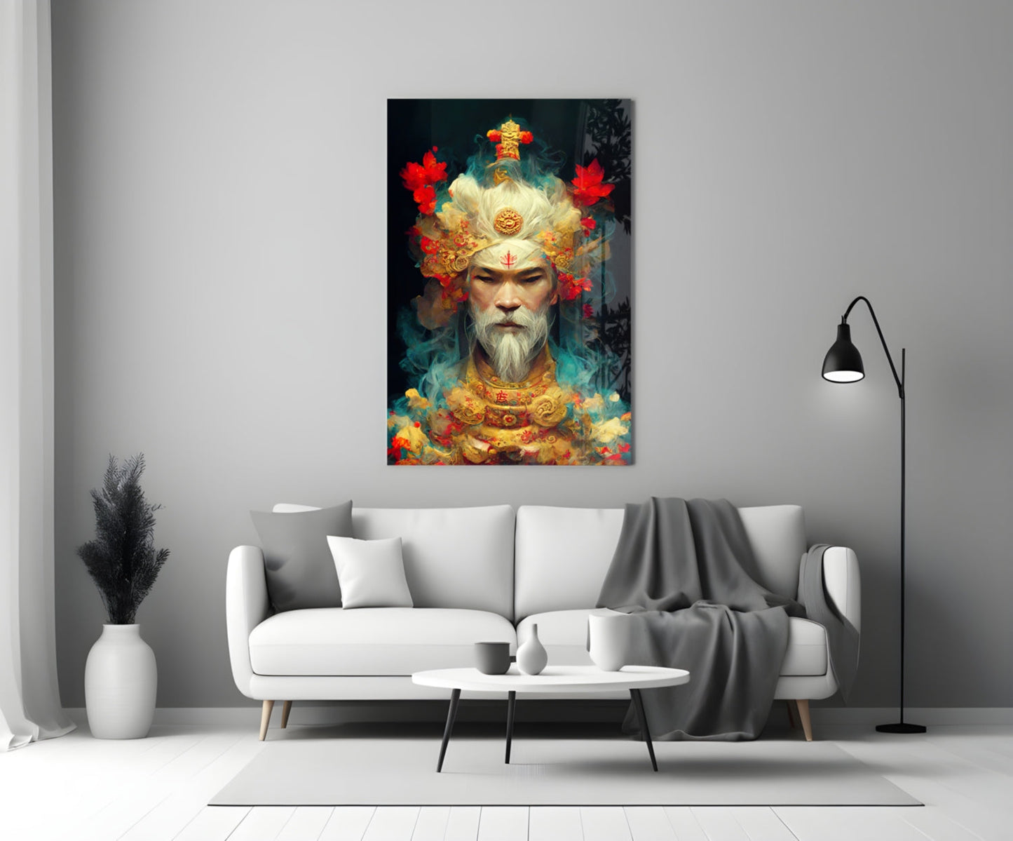 Colorful glass art depicting an ornate bearded figure with golden crown and red flowers displayed above white sofa in modern living room.