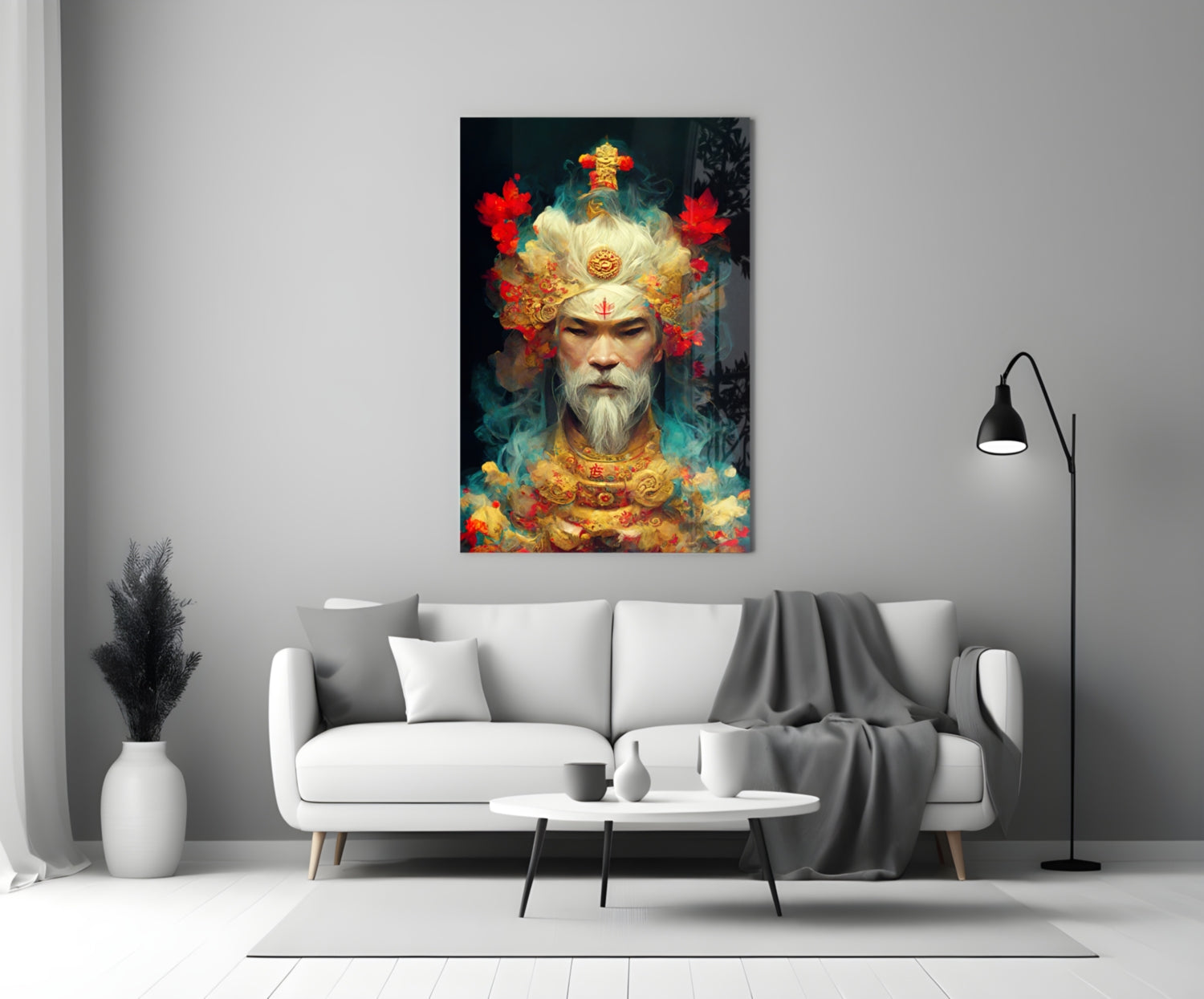 Colorful glass art depicting an ornate bearded figure with golden crown and red flowers displayed above white sofa in modern living room.