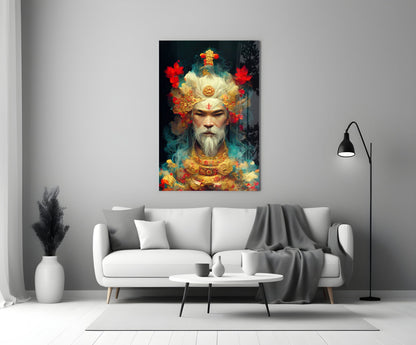 Colorful glass art depicting an ornate bearded figure with golden crown and red flowers displayed above white sofa in modern living room.
