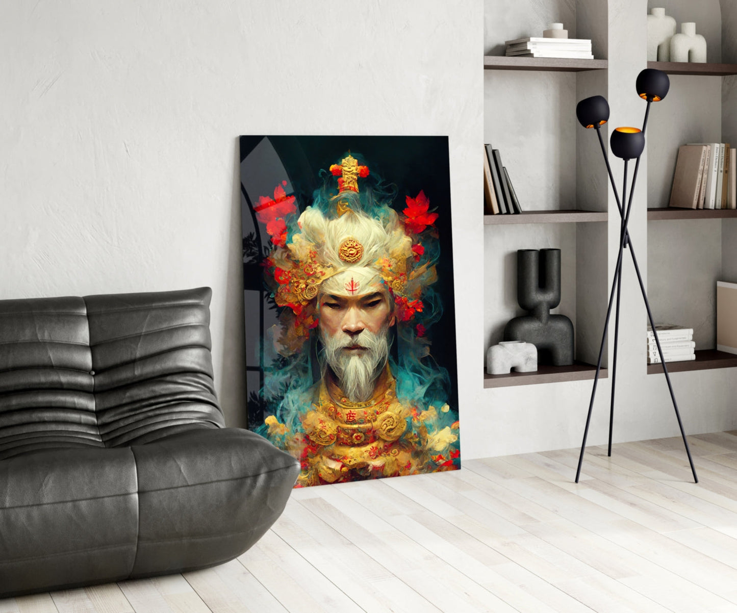 Contemporary living room displaying "Ruler of the New Age" glass art featuring ornate bearded figure with gold crown, red flowers, and teal accents.