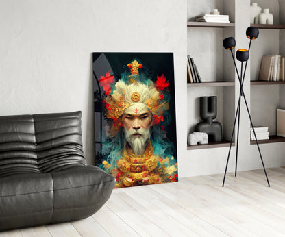 Contemporary living room displaying "Ruler of the New Age" glass art featuring ornate bearded figure with gold crown, red flowers, and teal accents.