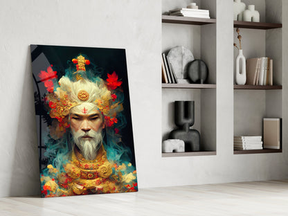 Canvas art leaning against white wall displays bearded man in golden crown surrounded by red flowers and ornate jewelry on dark background.