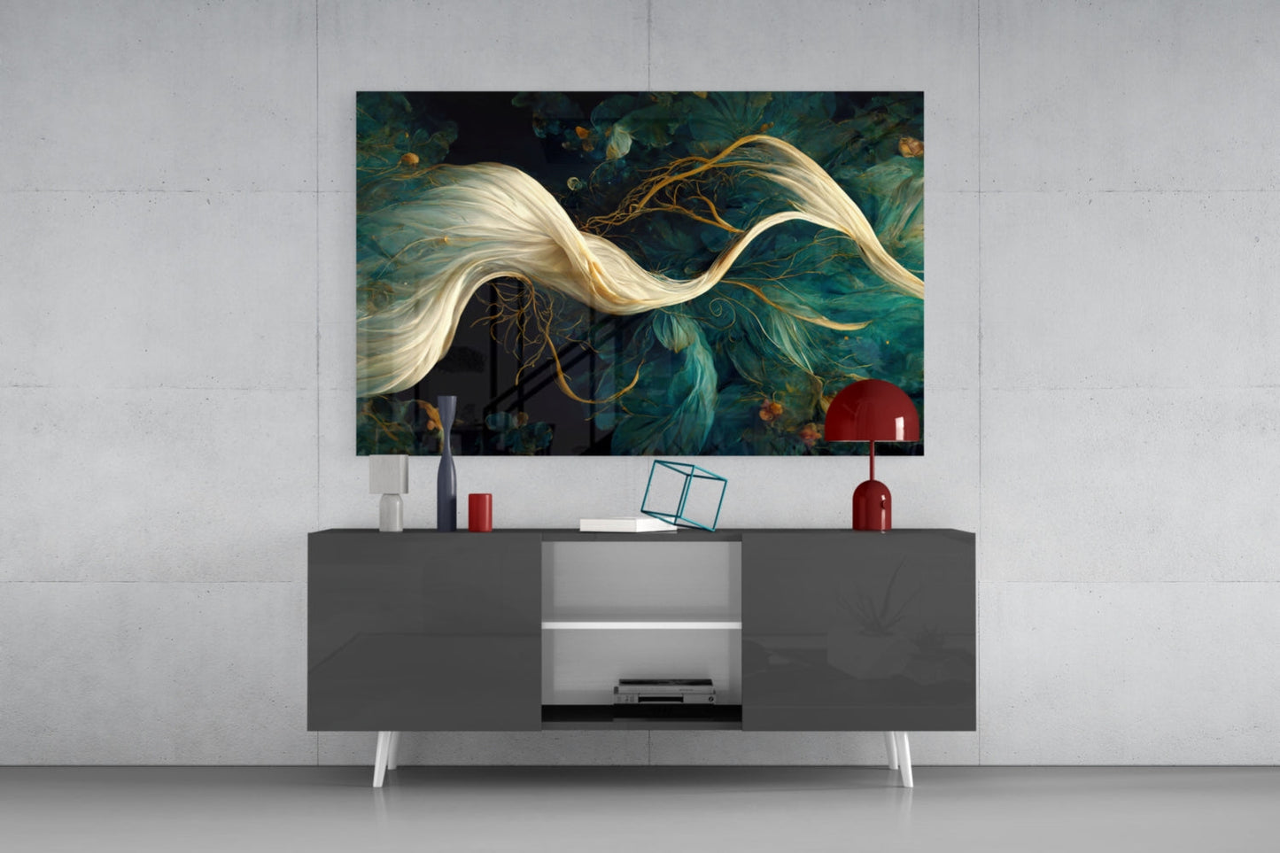 Glass art with flowing blonde hair and golden roots against teal foliage, mounted above gray media console.