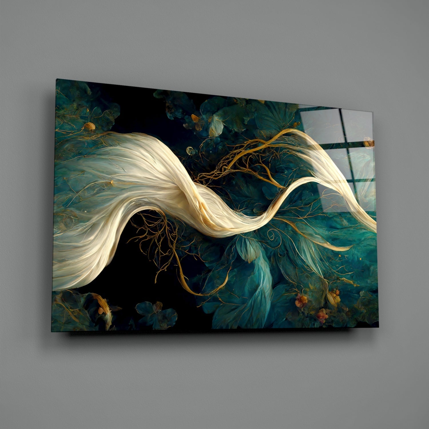 Glass art panel featuring flowing white and golden root-like forms against dark teal botanical background, mounted on gray wall.