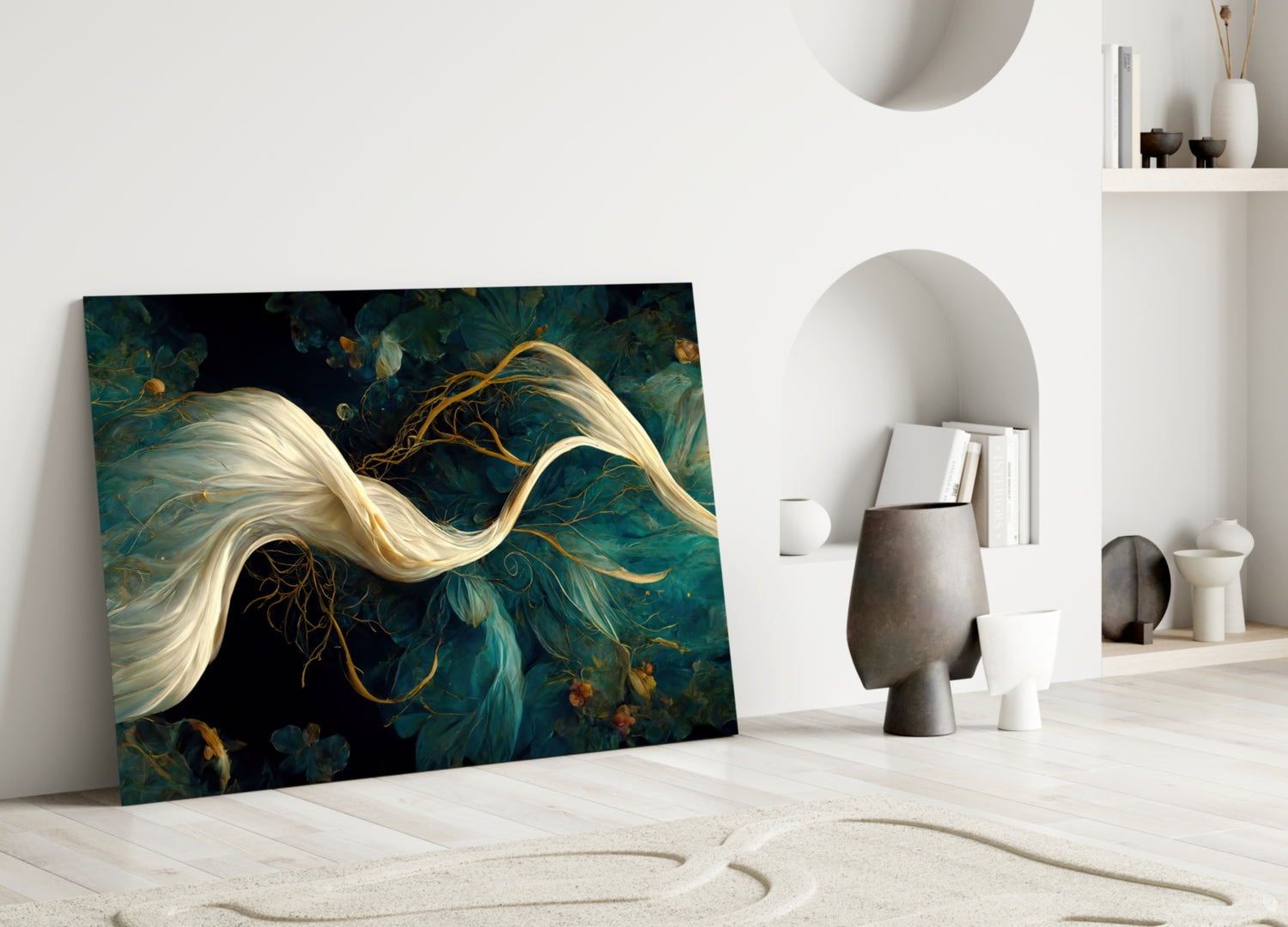 Glass art leaning against white wall displaying flowing blonde hair and golden roots against dark teal floral background in minimalist interior setting.