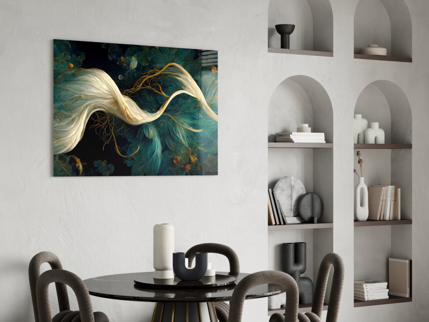 Flow of Roots Glass Art displayed above a black dining table in a minimalist interior with built-in white shelving.