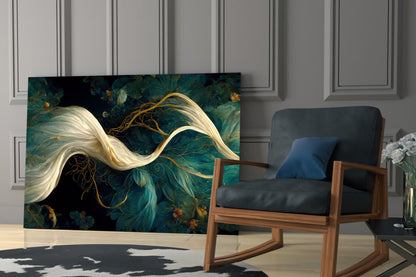 Flow of Roots glass art displayed in modern living room with wooden chair, featuring cream and gold flowing forms against teal and dark background.