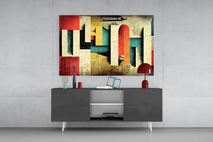 Colorful abstract geometric glass art panel mounted above dark media console, featuring red, teal, yellow, and cream shapes with vintage texture.