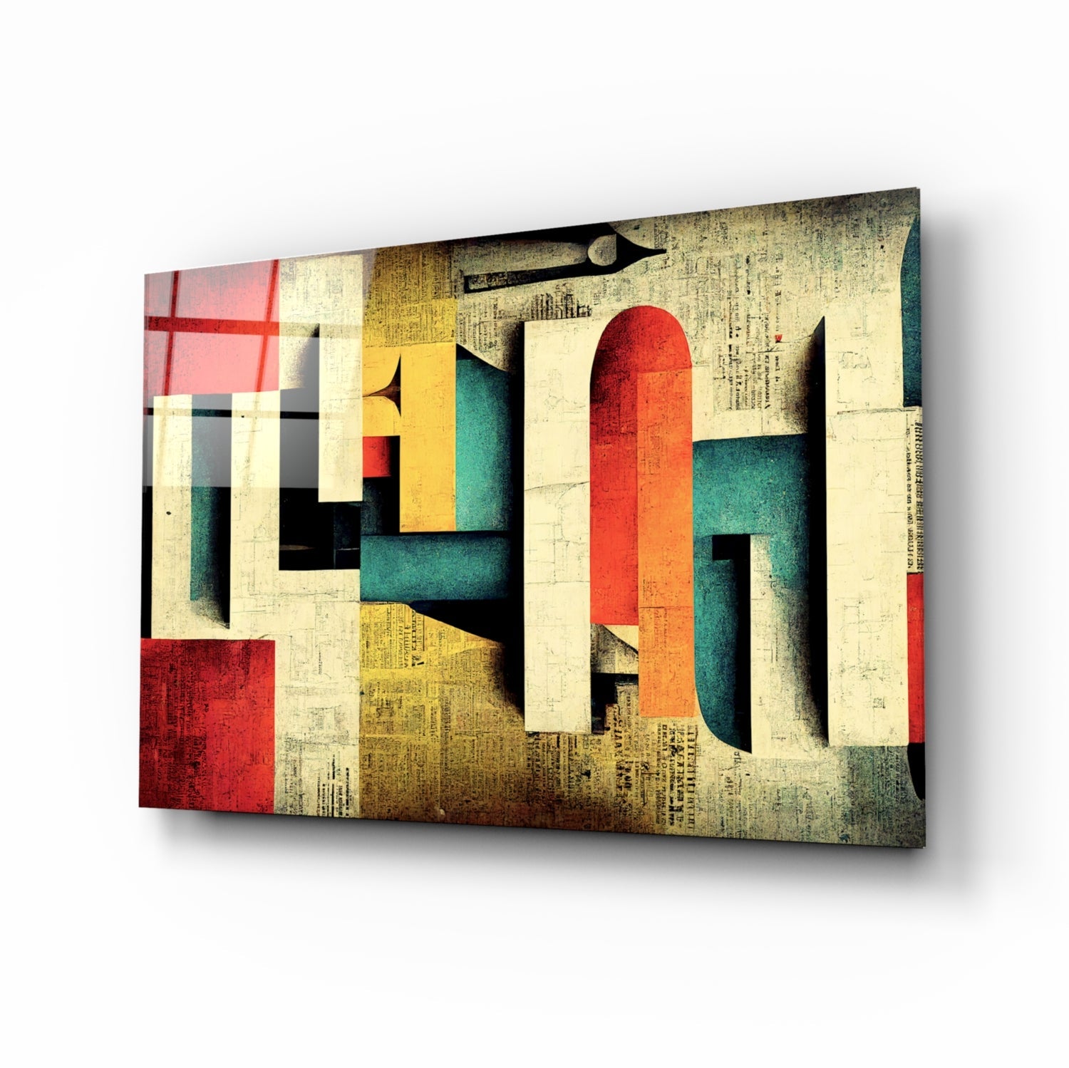 Abstract geometric glass art with layered red, teal, yellow, and cream shapes on newsprint background, displayed at three-quarter angle.