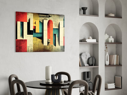Colorful abstract geometric canvas art with red, yellow, teal, and cream blocks hanging above a round black dining table with gray chairs.