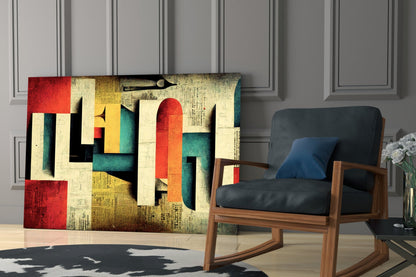 Colorful abstract glass art panel featuring geometric shapes in red, yellow, teal, and cream with distressed texture, displayed in modern living room setting.