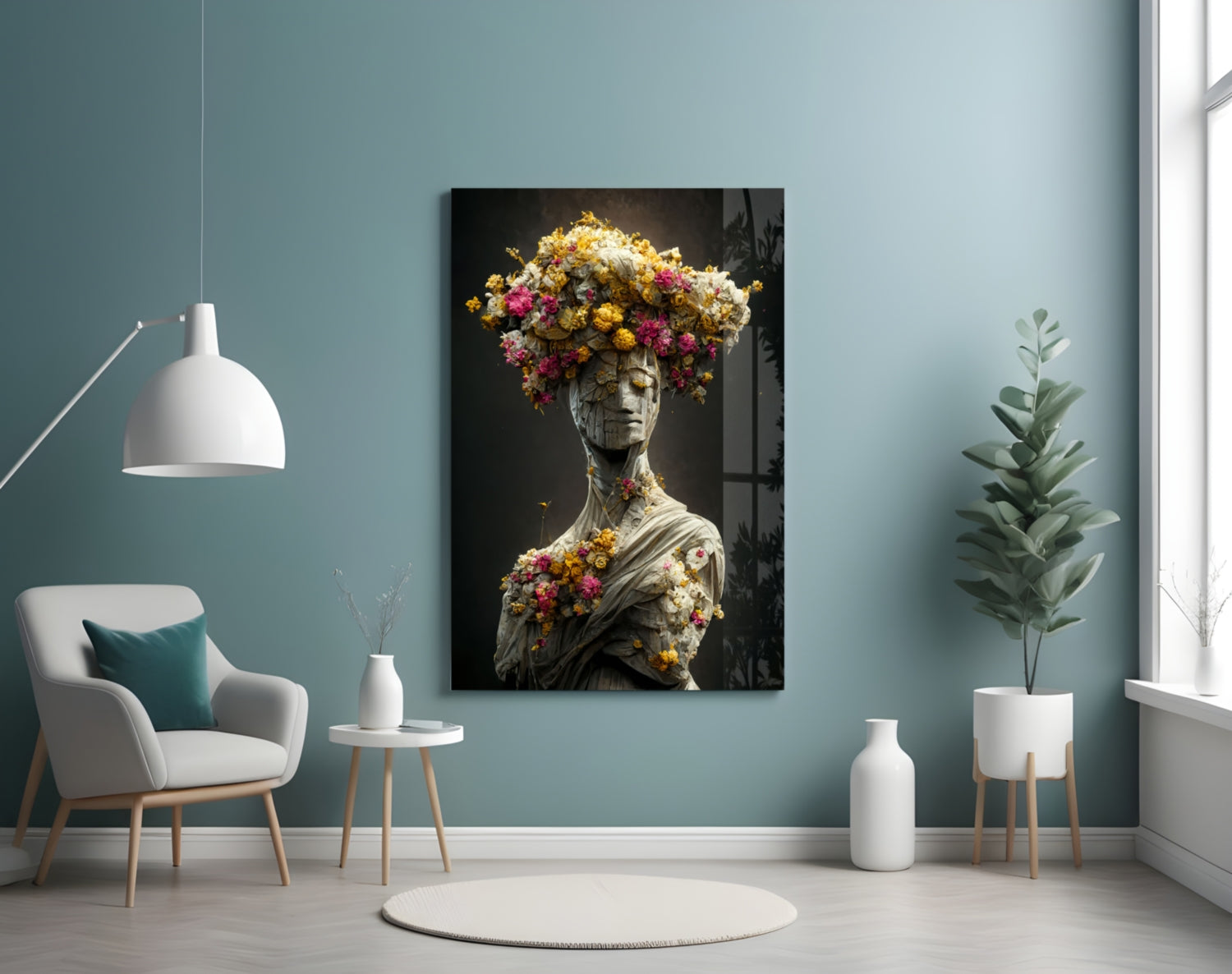 Classical statue bust adorned with vibrant yellow, pink, and white flowers displayed on gallery wall above modern chair.