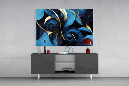 Sapphire Feather Spirals Gold Leaf Glass Wall Art